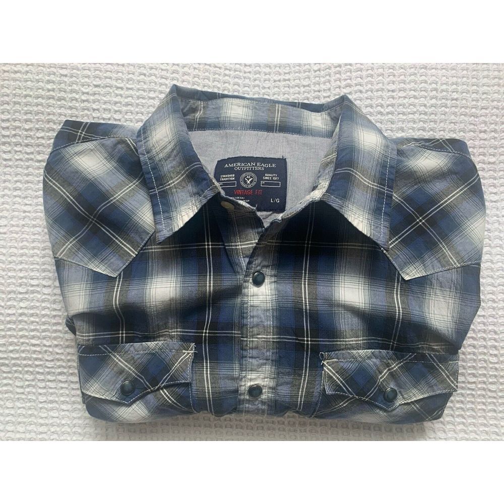 Aeropostale Mens L Plaid Pearl Snap Long Sleeve Western Shirt‎ Blue Flip Pocket